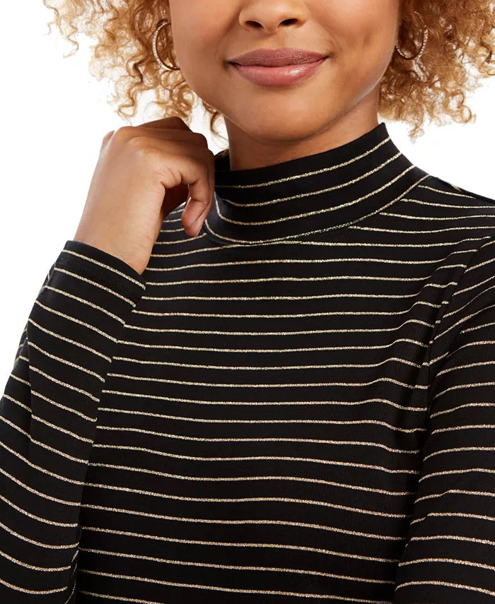 Charter Club Women's Striped Mock-Neck Top Black Size Large
