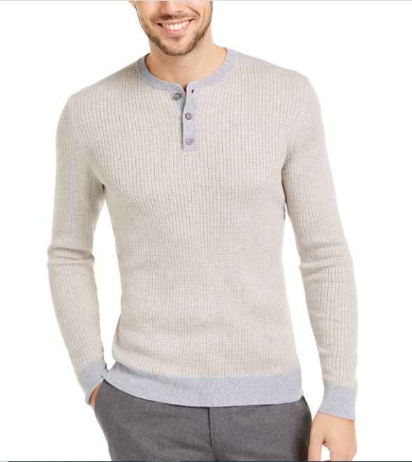 Tasso Elba Men's Luxe Striped Henley Shirt Beige Size X-Large