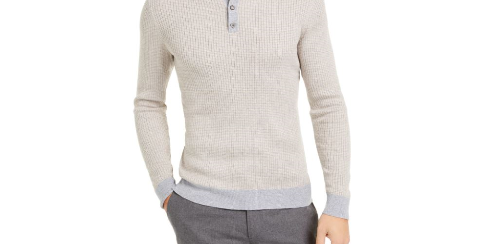 Tasso Elba Men's Luxe Striped Henley Shirt Beige Size X-Large