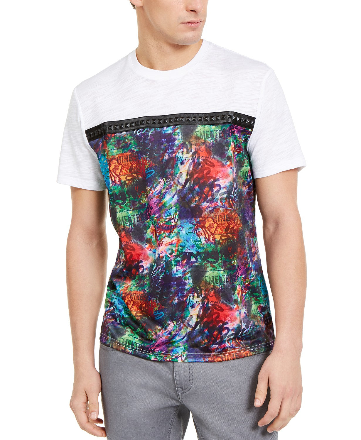INC International Concepts Men's Graffiti Graphic T-Shirt With Studded Faux-Leather Taping White Size 2 X-Large