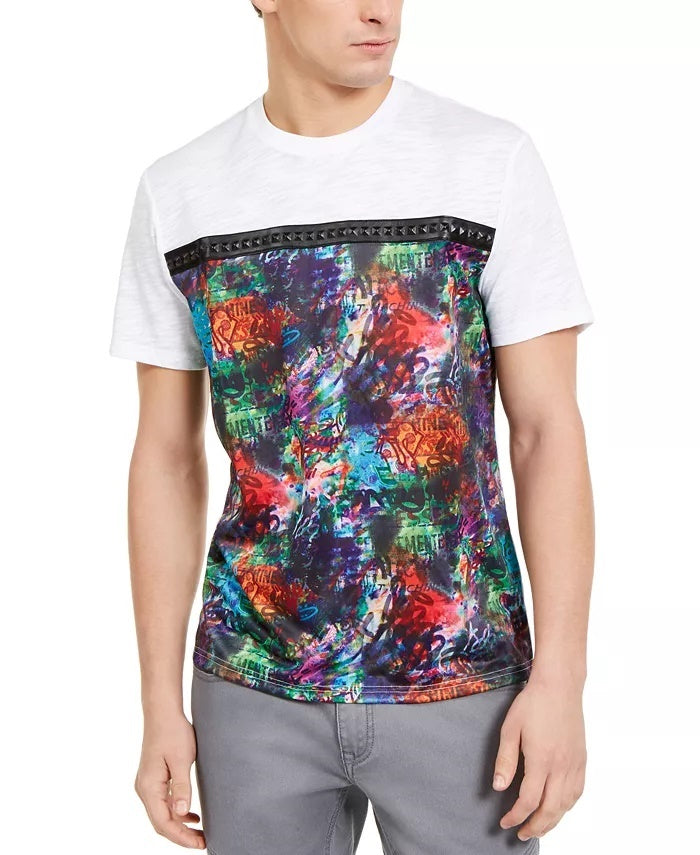 INC International Concepts Men's Graffiti Graphic T-Shirt With Studded Faux-Leather Taping White Size X-Large