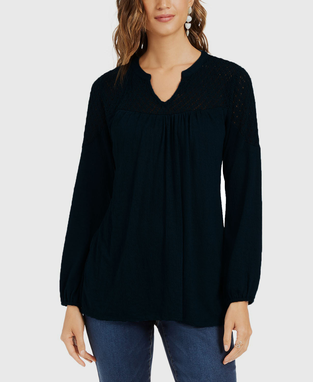 Style & Co Women's Crochet-Yoke Top Black Size X-Small