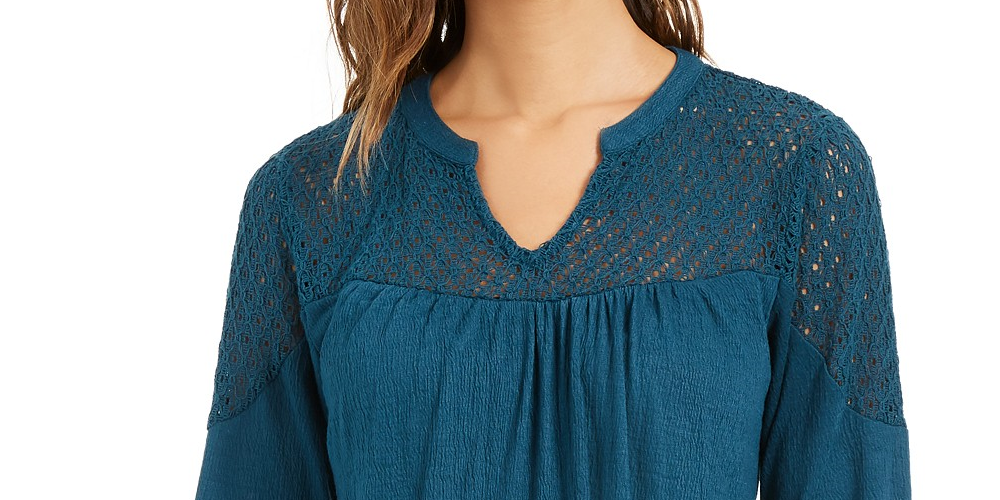 Style & Co Women's Crochet-Yoke Top Blue Size Medium