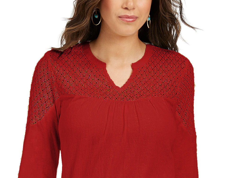 Style & Co Women's Crochet-Yoke Top Red Size Medium