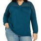 Style & Co Women's Plus Long Sleeve Crochet-Trim Top Teal Size 2X