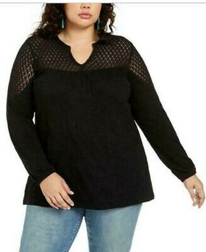 Style & Co Women's Plus Size Crochet-Trim Top Black Size Extra Large