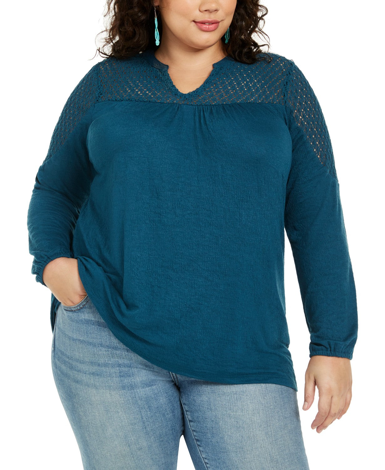 Style & Co Women's Plus Size Crochet-Trim Top Blue Size XXX-Large