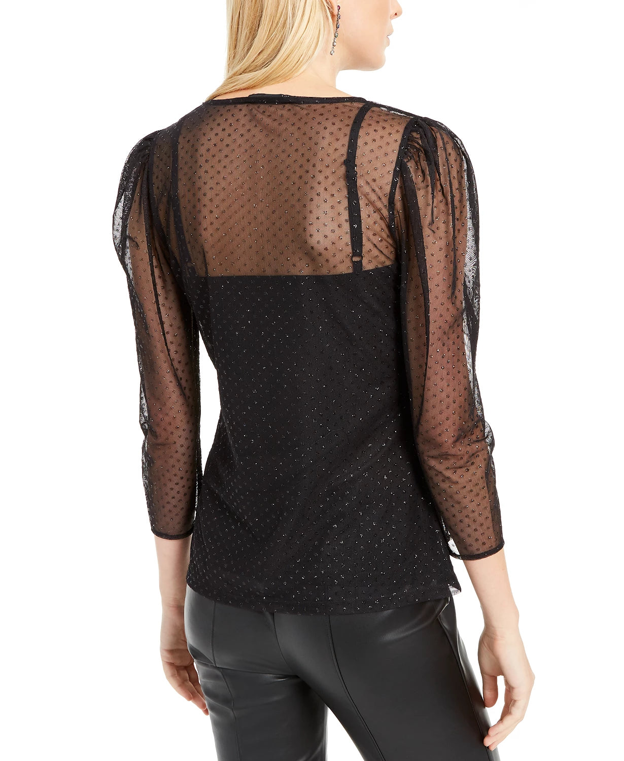 INC International Concepts Women's Glitter-Dot Mesh Top Black Size X-Small