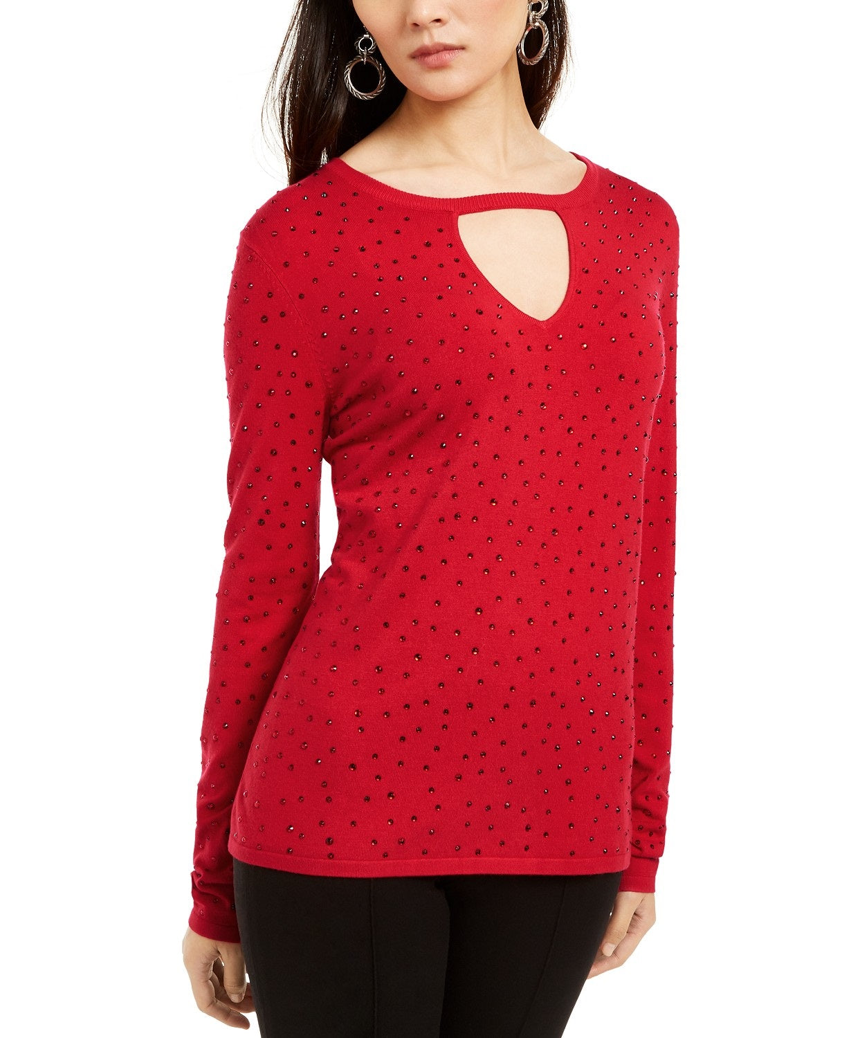 INC International Concepts Women's Embellished Keyhole Sweater Red Size Medium