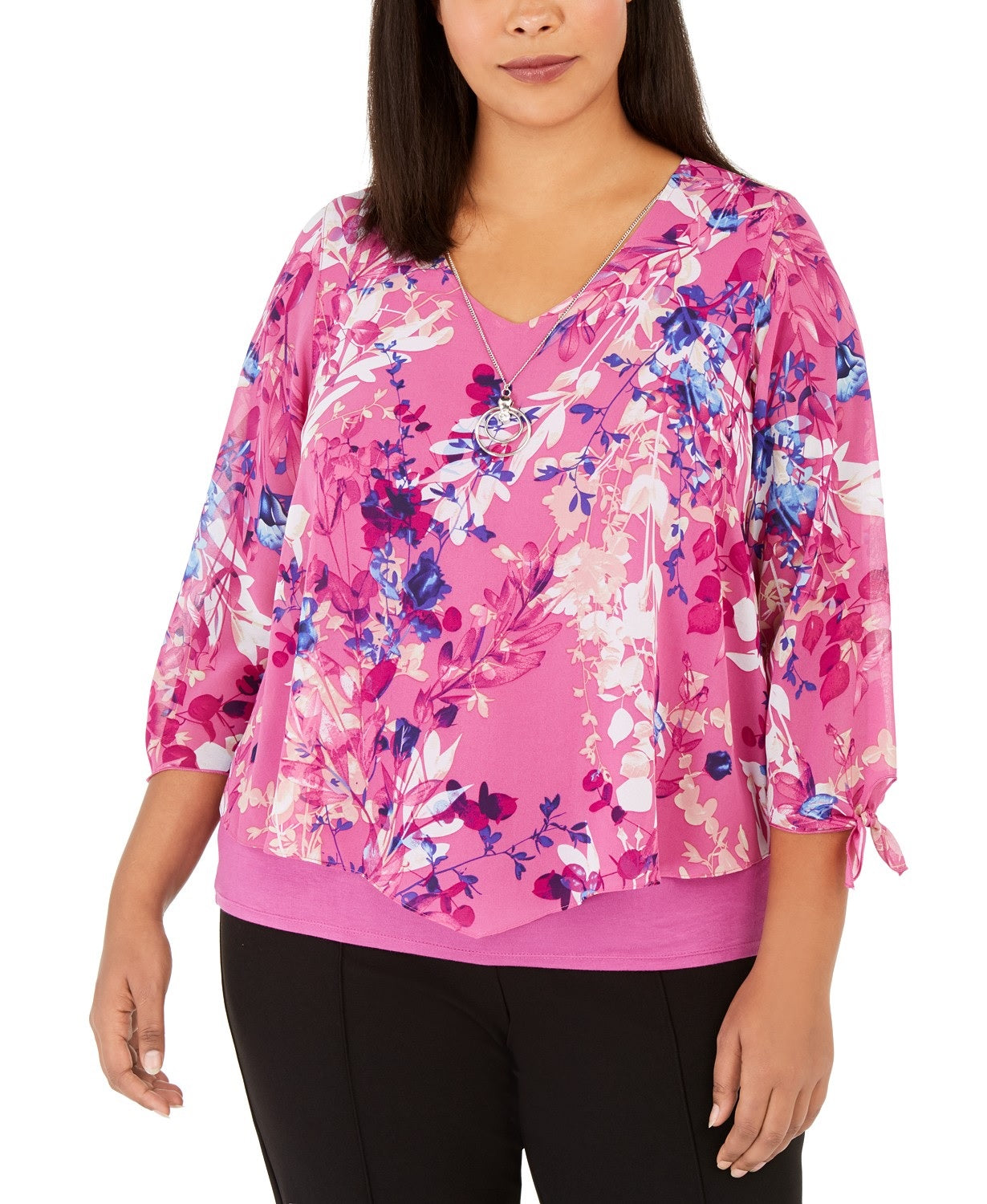JM Collection Women's Plus Size Printed Layered-Look Necklace Top Pink Size 3 Extra Large