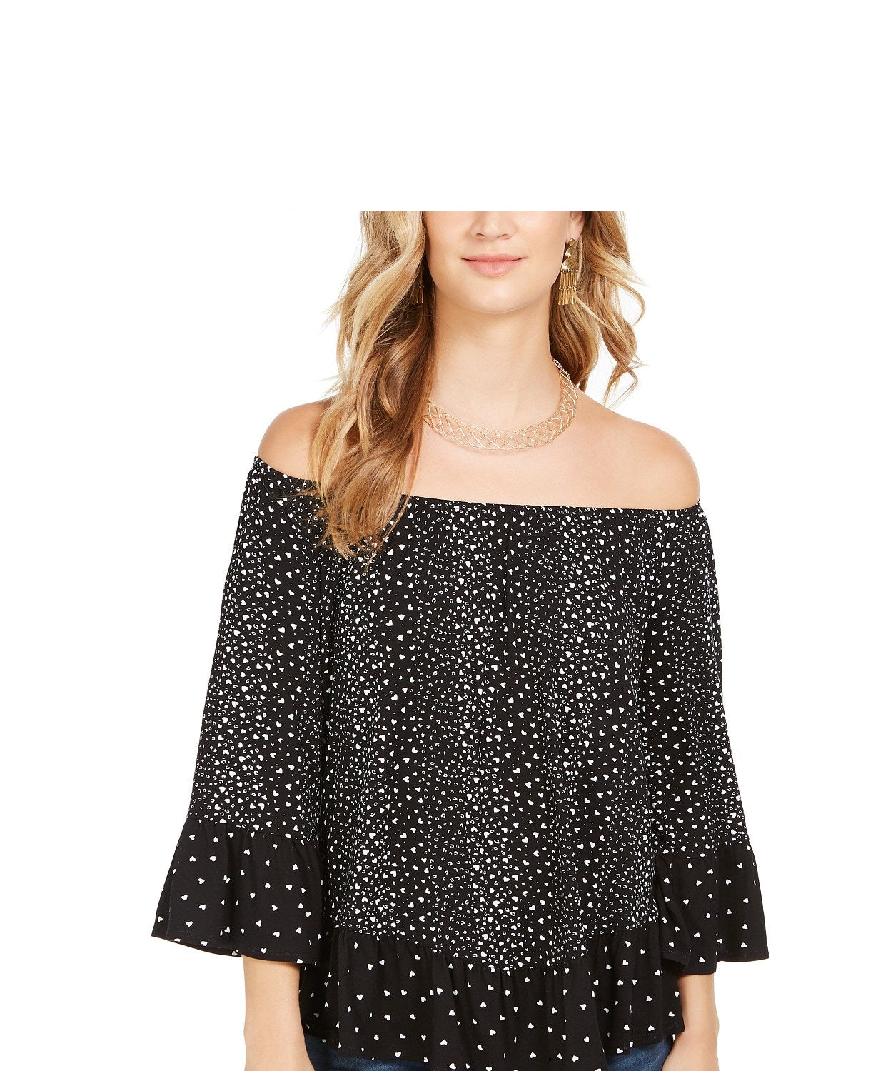 Style & Co Women's Printed Off-The-Shoulder Top Black Size Large