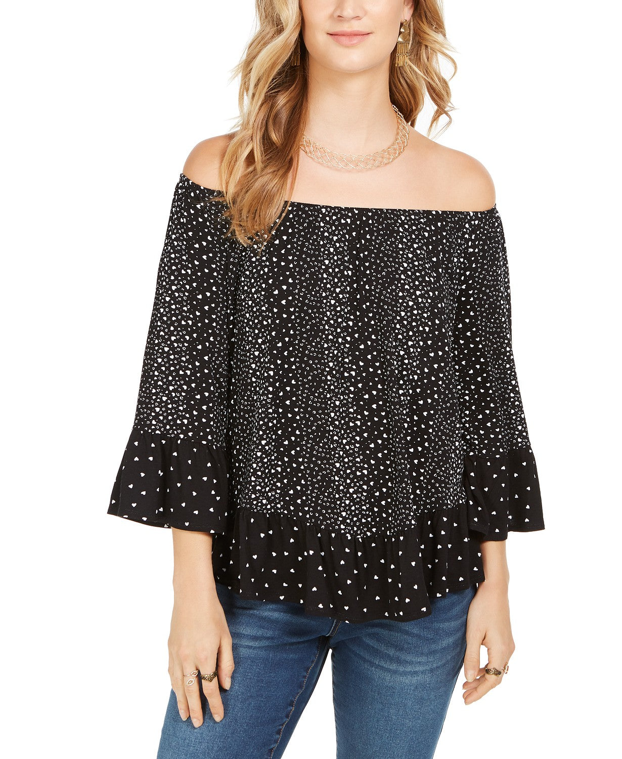 Style & Co Women's Printed Off-The-Shoulder Top Black Size Extra Small