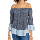 Style & Co Women's Printed On/Off-The-Shoulder Top Blue Size Medium