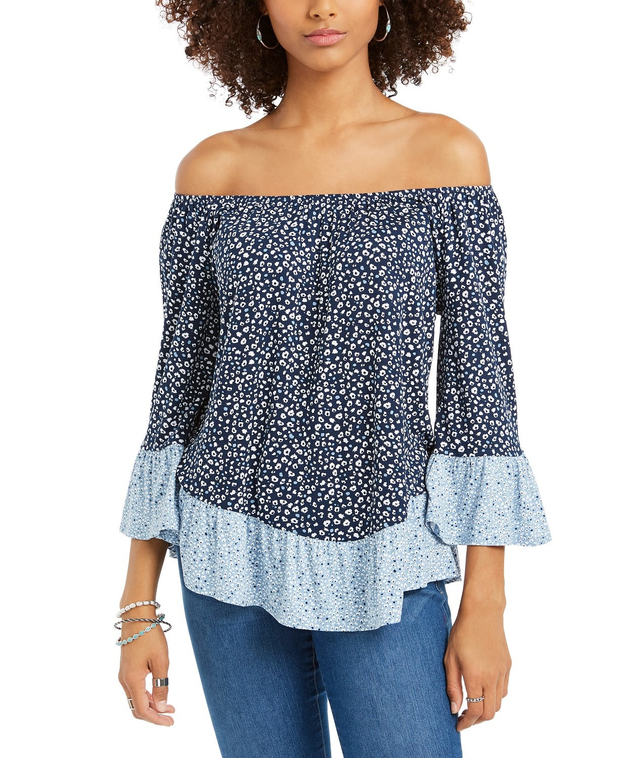 Style & Co Women's Printed On/Off-The-Shoulder Top Blue Size Medium