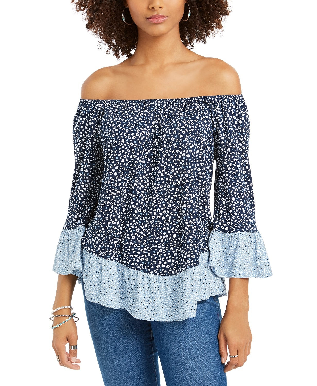 Style & Co Women's Printed On/Off-The-Shoulder Top Blue Size Small