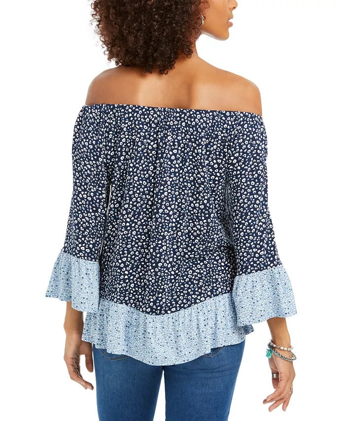 Style & Co Women's Printed On/Off-The-Shoulder Top Blue Size Small