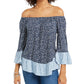 Style & Co Women's Printed On/Off-The-Shoulder Top Blue Size Large