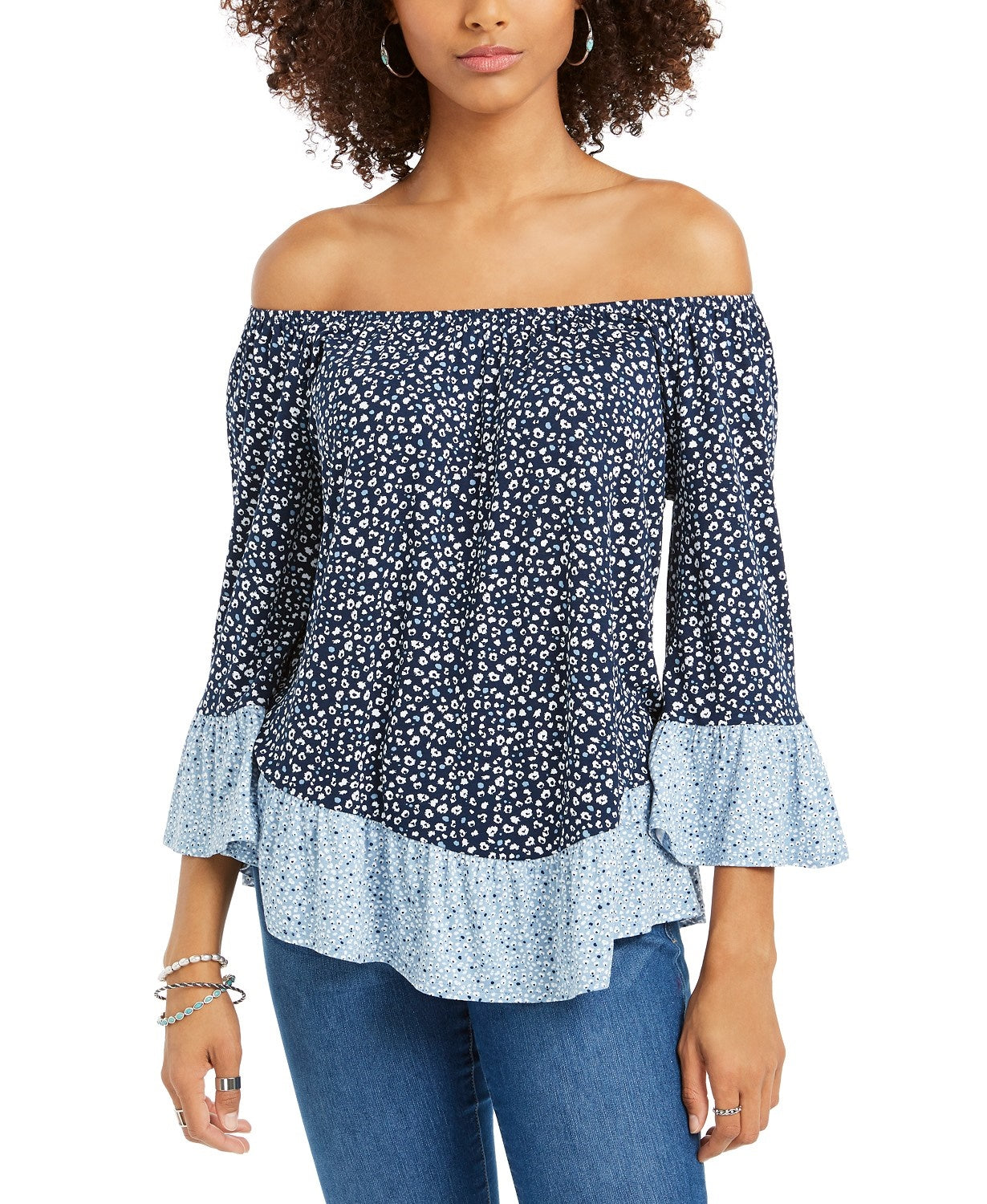 Style & Co Women's Printed On/Off-The-Shoulder Top Blue Size Large
