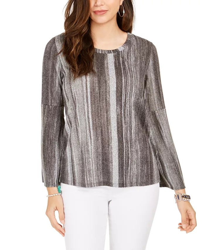 Style & Co Women's Striped Bell-Sleeve Top Black Size Medium