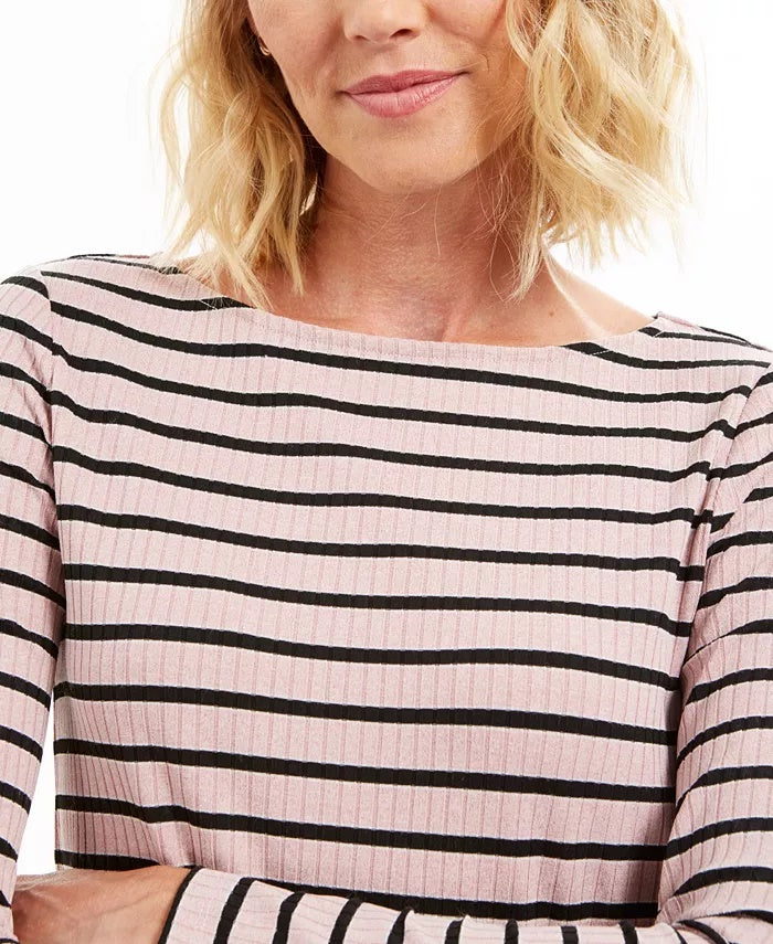 Charter Club Women's Ribbed Striped Top Pink Size Large