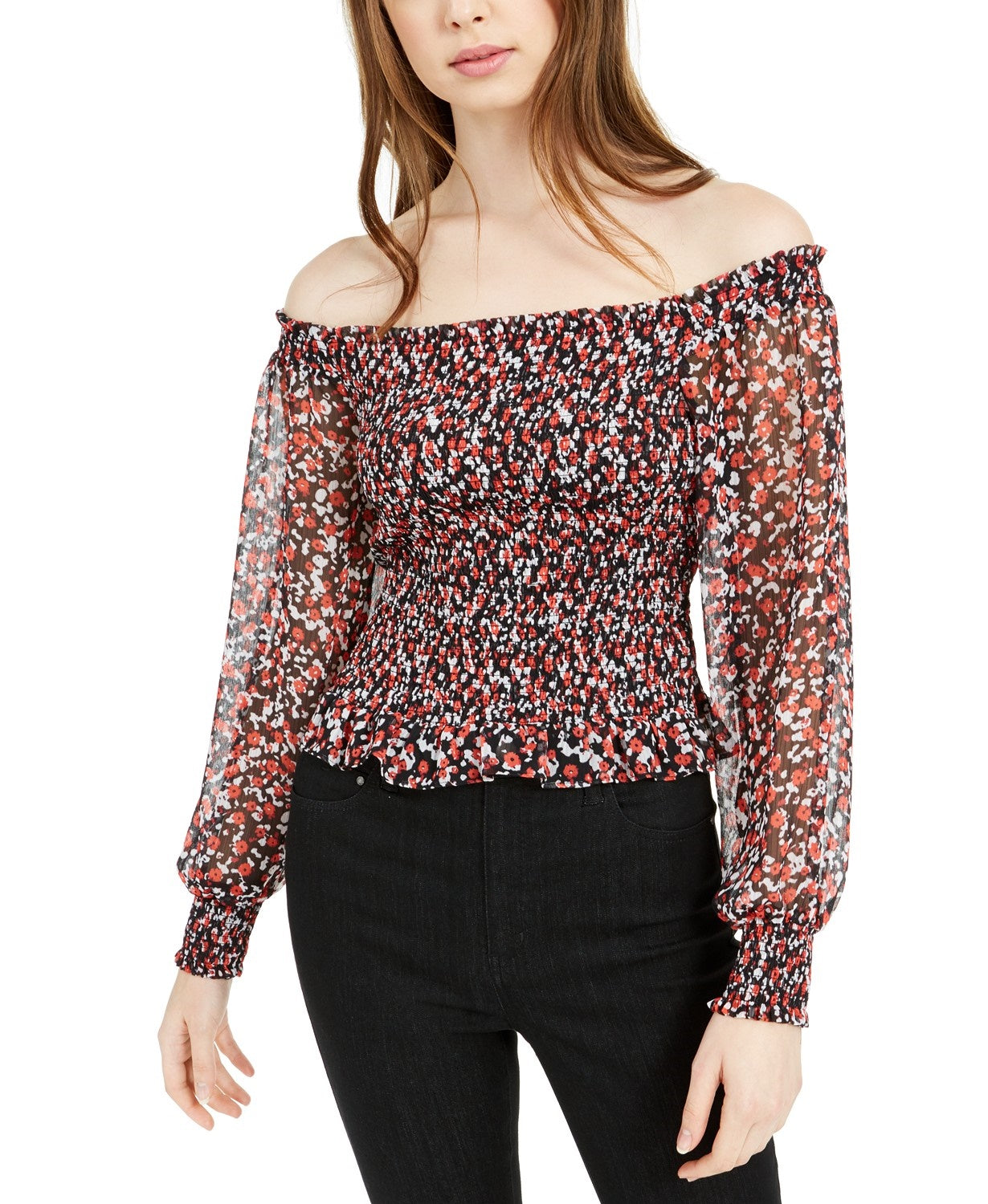 Bar III Women's Smocked Off-The-Shoulder Blouse Black Size Large