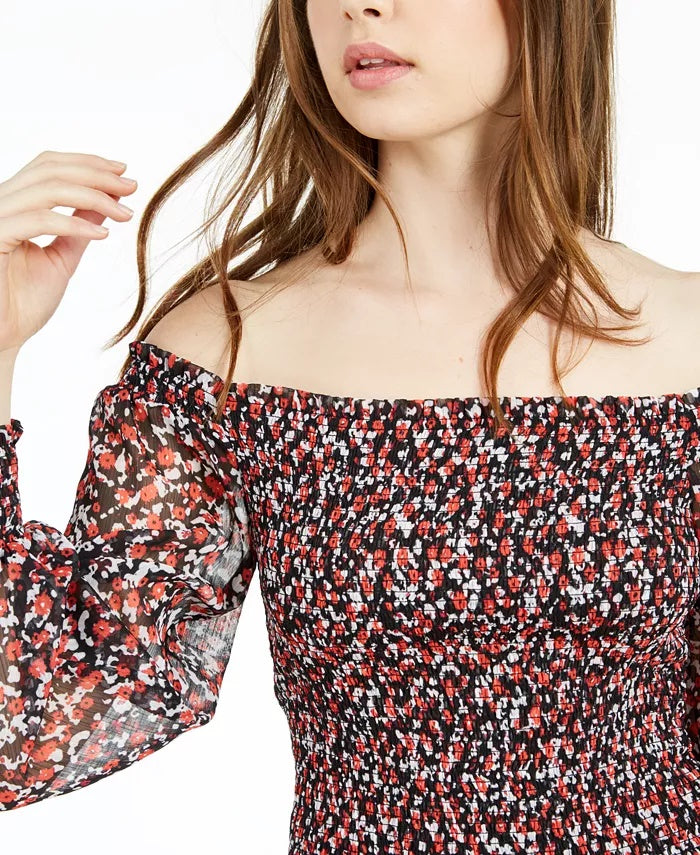 Bar III Women's Smocked Off-The-Shoulder Blouse Black Size Large