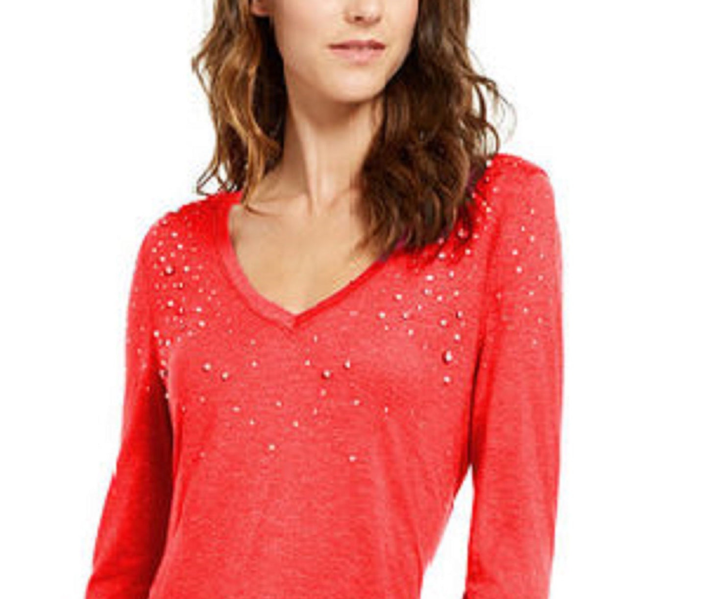 INC International Concepts Women's Embellished Shine V-Neck Top Dark Red Size Medium