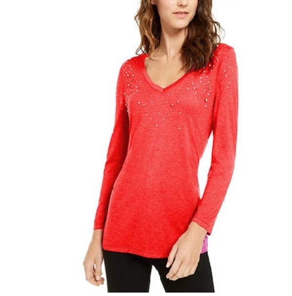 INC International Concepts Women's Embellished Shine V-Neck Top Red Size Small