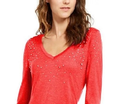 INC International Concepts Women's Embellished Shine V-Neck Top Red Size Small