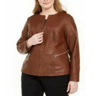 Alfani Women's Plus  Size Faux Leather Zipper Jacket Med Brown Size 2X