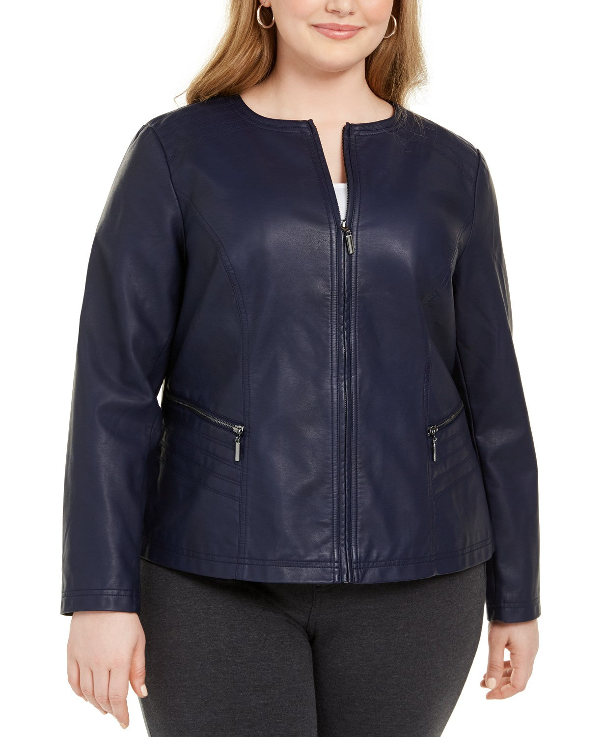 Alfani Women's Plus Size Faux Leather Zipper Jacket  Blue Size 3 Extra Large