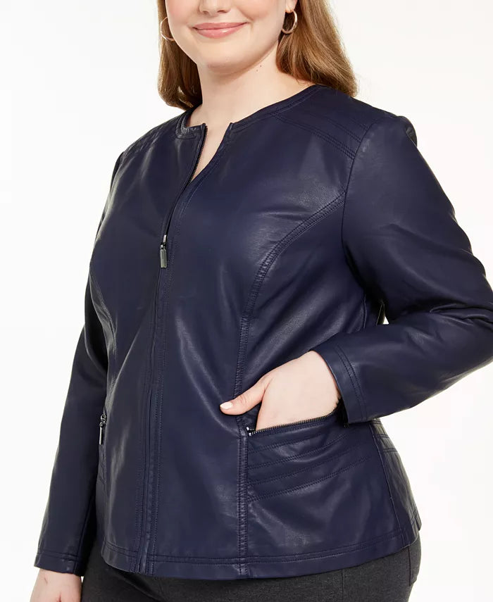 Alfani Women's Plus Size Faux Leather Zipper Jacket  Blue Size 3 Extra Large