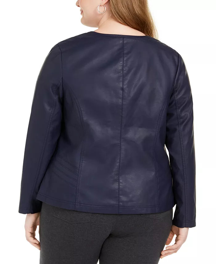 Alfani Women's Plus Size Faux Leather Zipper Jacket Blue Size Extra Large