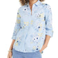 Charter Club Women's Floral-Print Linen-Blend Shirt  Blue Size Small