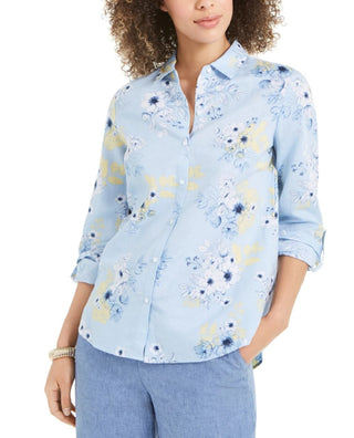 Charter Club Women's Floral-Print Linen-Blend Shirt  Blue Size Small