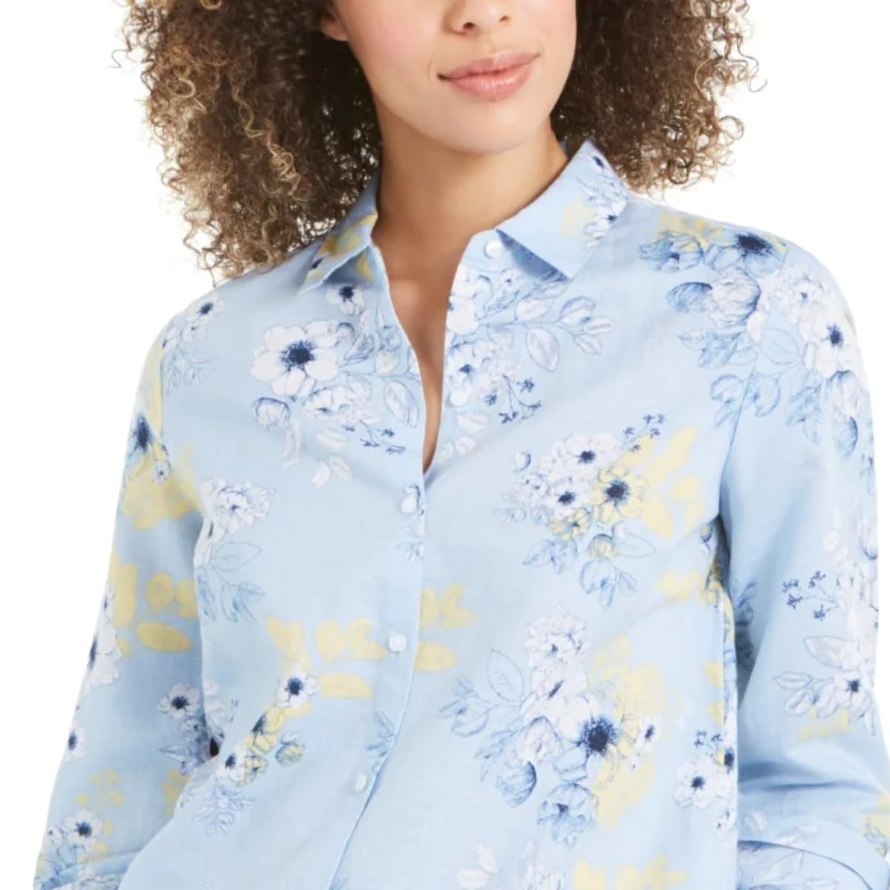 Charter Club Women's Floral-Print Linen-Blend Shirt  Blue Size Small