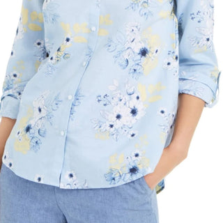 Charter Club Women's Floral-Print Linen-Blend Shirt  Blue Size Small