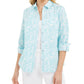 Charter Club Women's Floral-Print Linen-Blend Shirt Blue Size Extra Large