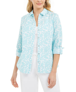 Charter Club Women's Floral-Print Linen-Blend Shirt Blue Size Extra Large