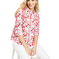 Charter Club Women's Printed Roll-Sleeve Linen-Blend Top Red Size S