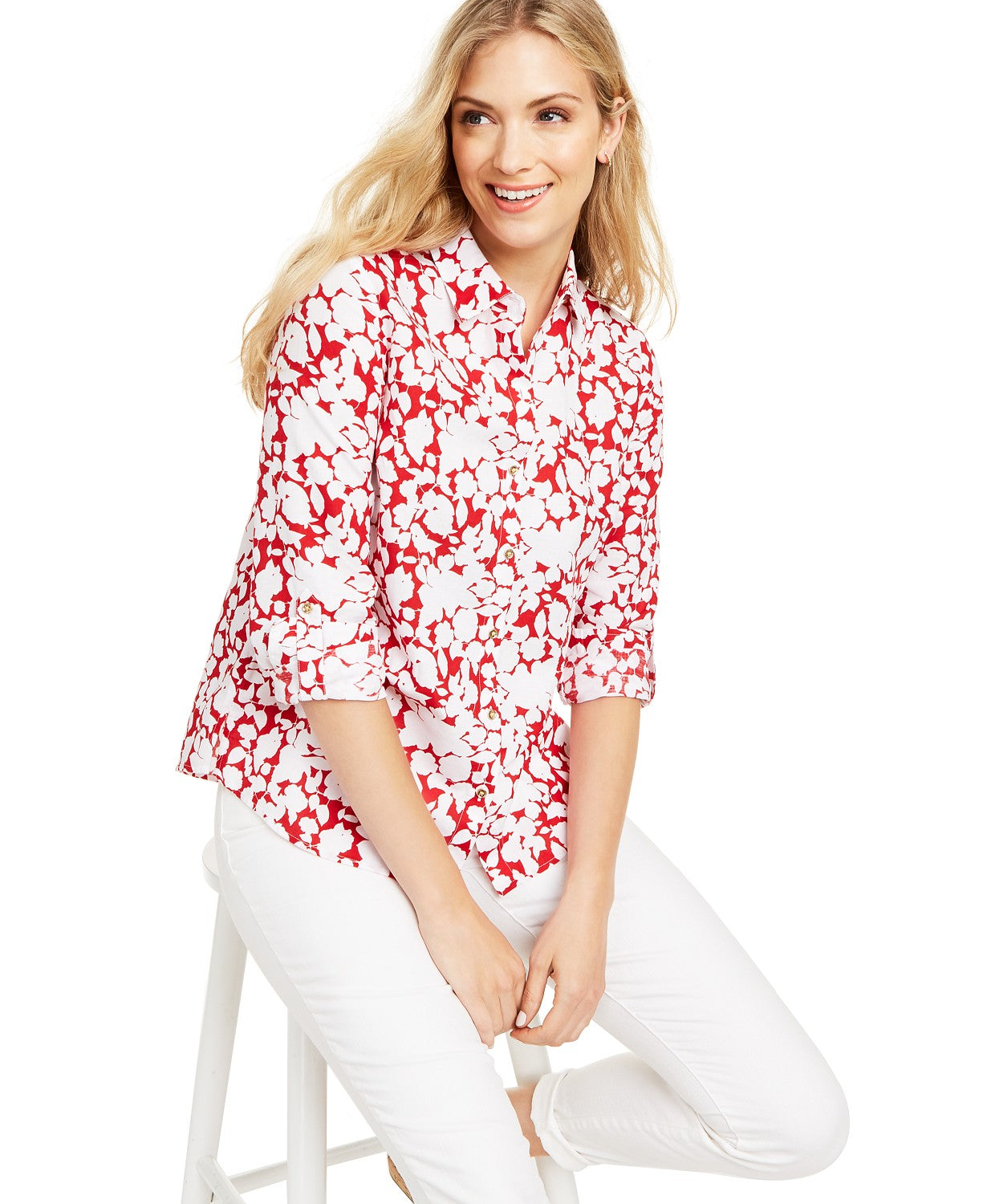 Charter Club Women's Printed Roll-Sleeve Linen-Blend Top Red Size S