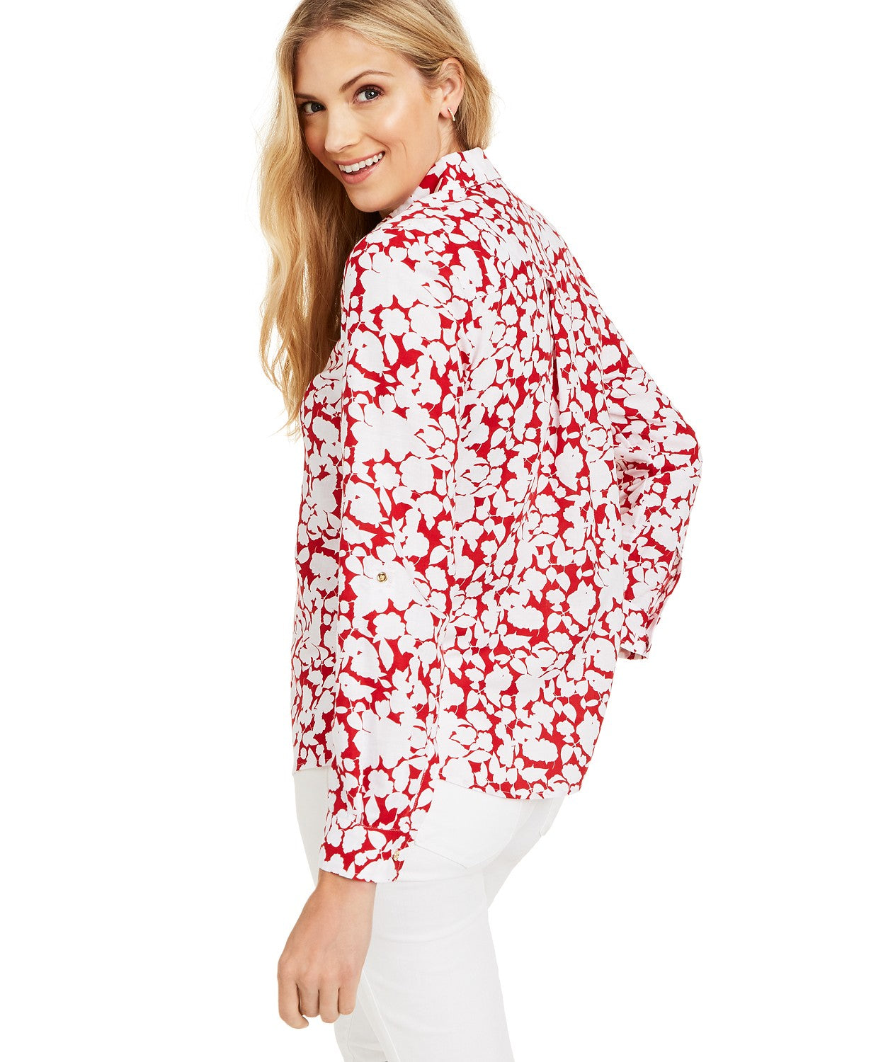 Charter Club Women's Printed Roll-Sleeve Linen-Blend Top Red Size S