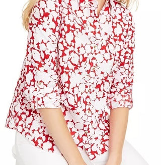 Charter Club Women's Printed Roll-Sleeve Linen-Blend Top Red Size Extra Large