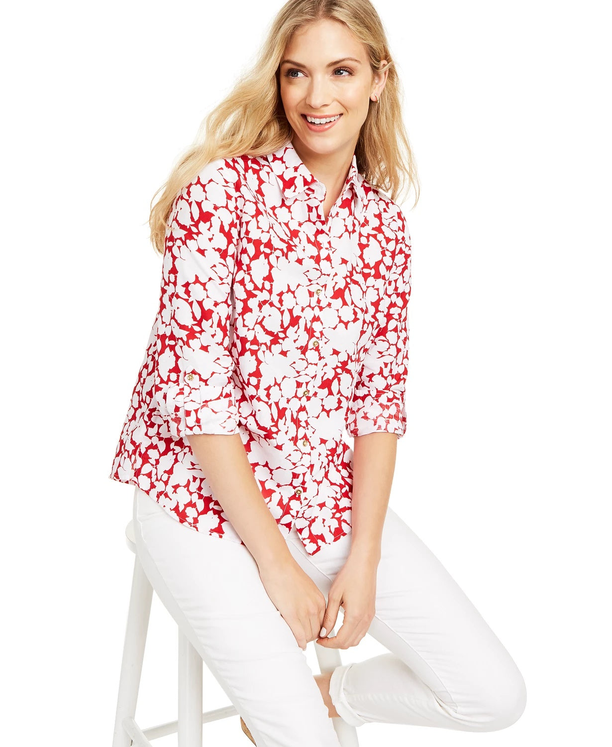 Charter Club Women's Printed Roll Sleeve Linen Blend Top Red Size XX-Large