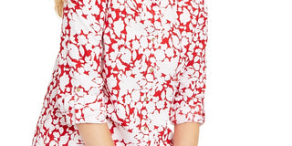 Charter Club Women's Printed Roll Sleeve Linen Blend Top Red Size XX-Large