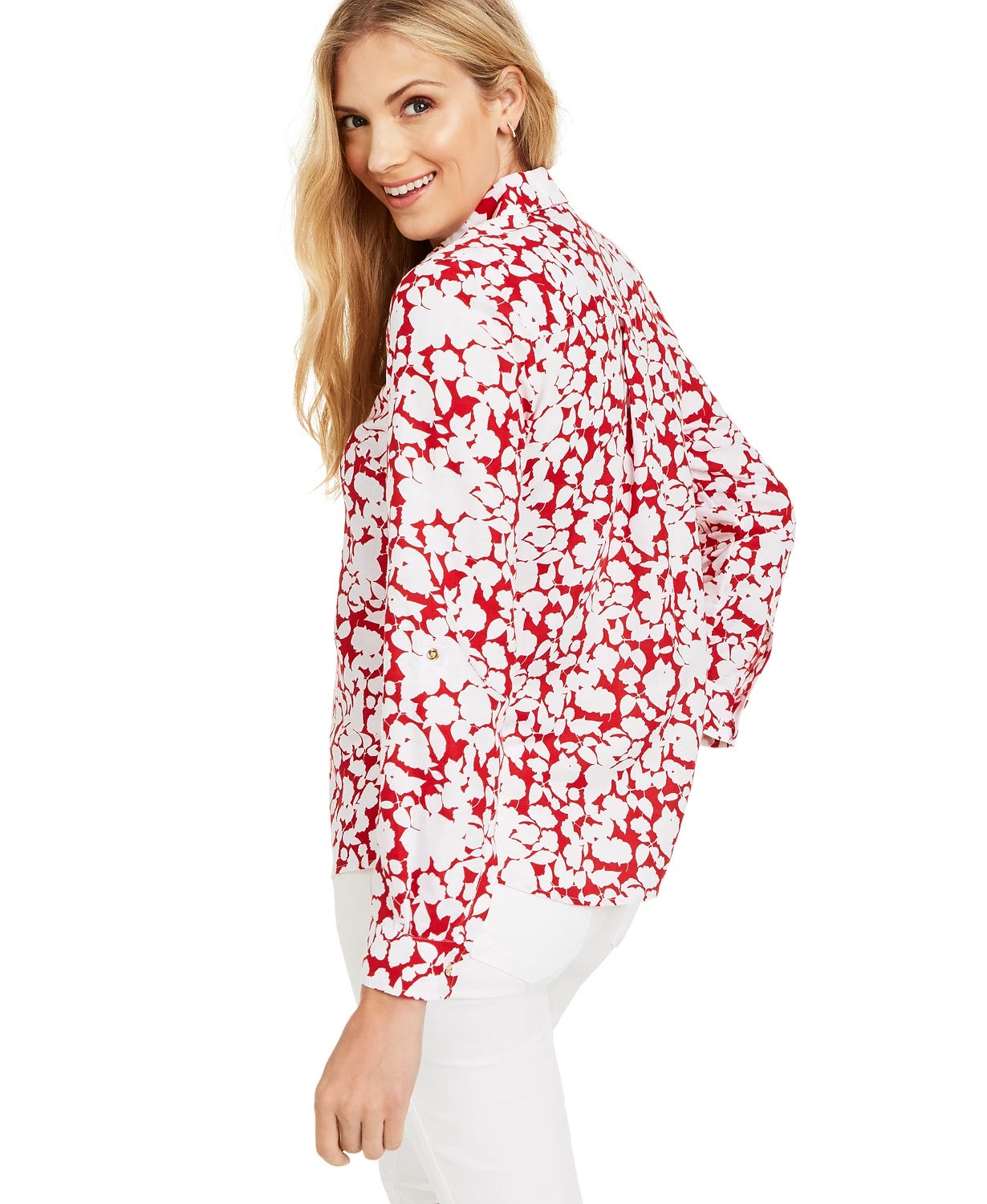 Charter Club Women's Printed Roll Sleeve Linen Blend Top Red Size XX-Large
