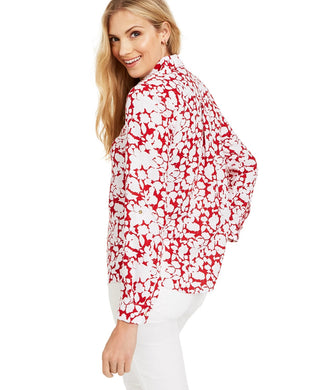 Charter Club Women's Printed Roll Sleeve Linen Blend Top Red Size XX-Large