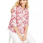 Charter Club Women's Printed Roll-Sleeve Linen-Blend Top Red Size Extra Large