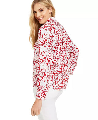 Charter Club Women's Printed Roll-Sleeve Linen-Blend Top Red Size Extra Large