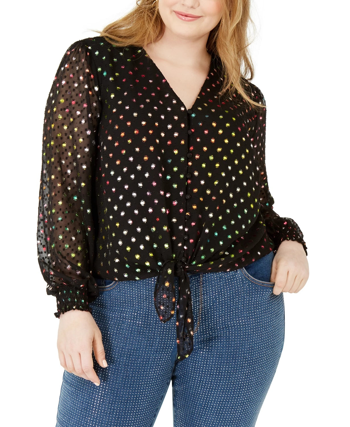 INC International Concepts Women's Plus Size Polka Dot Tie Front Top Black Size 0X